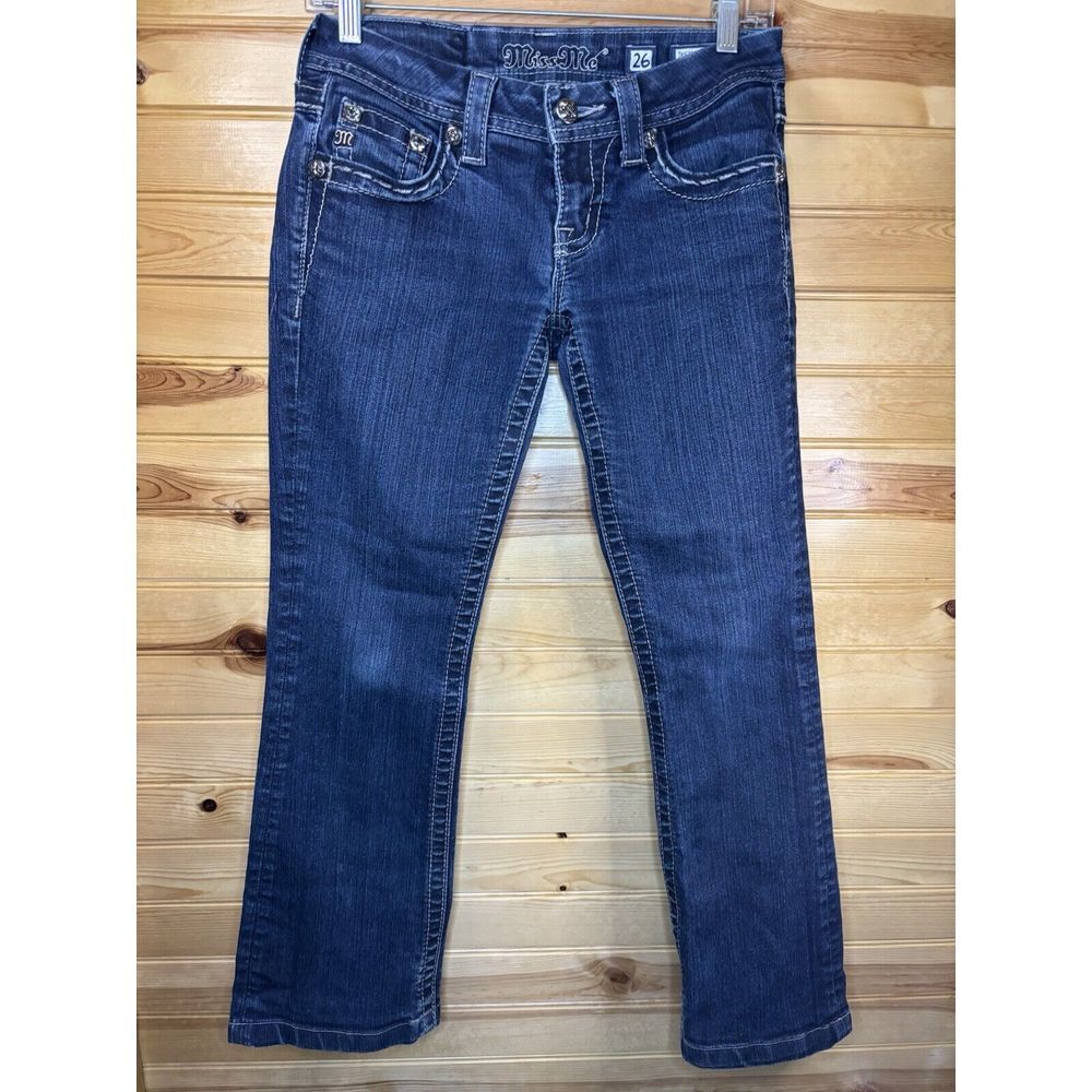 Miss Me Jeans Women's 26 JE5730BL‎ Boot Cut Rhinestone Studded Dark Blue Denim